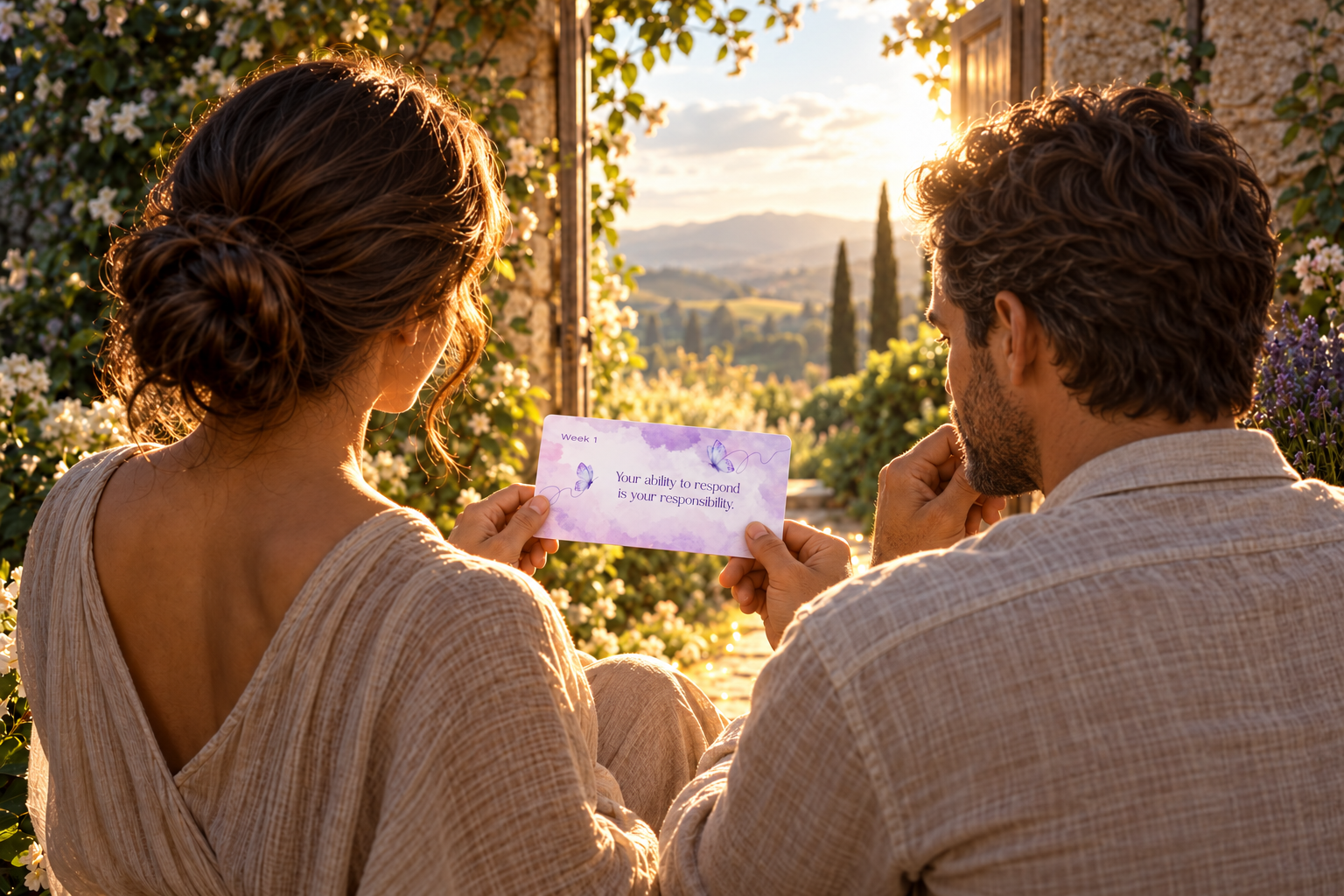 A woman holding a Steady Center card in a sunlit garden