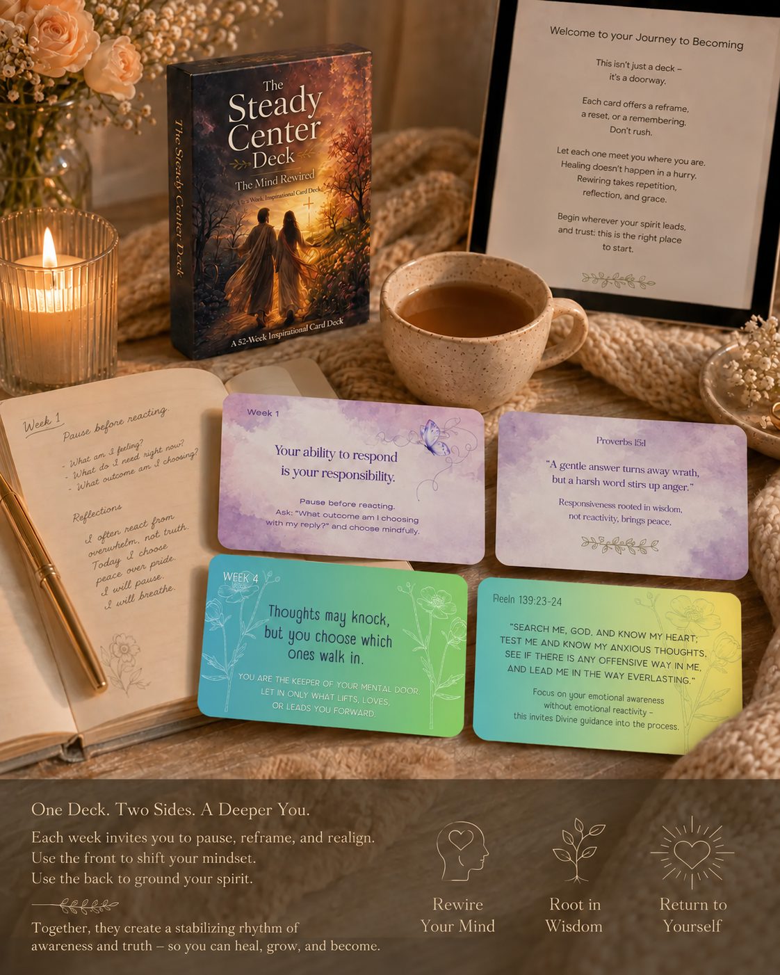 The Steady Center deck with journal, tea, and two front-and-back weekly card pairs